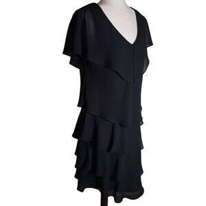 Scarlet Black Layered Ruffle Vneck Dress Short Flutter Sleeves Rounded Hem Sz 10